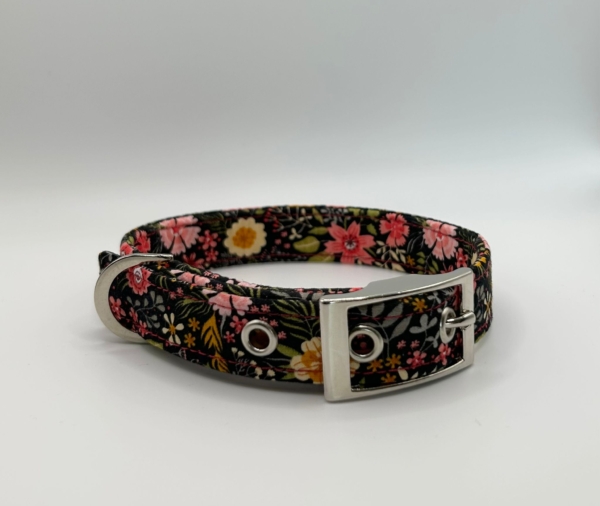 Pink And Yellow Flowers On Black Dog Collar