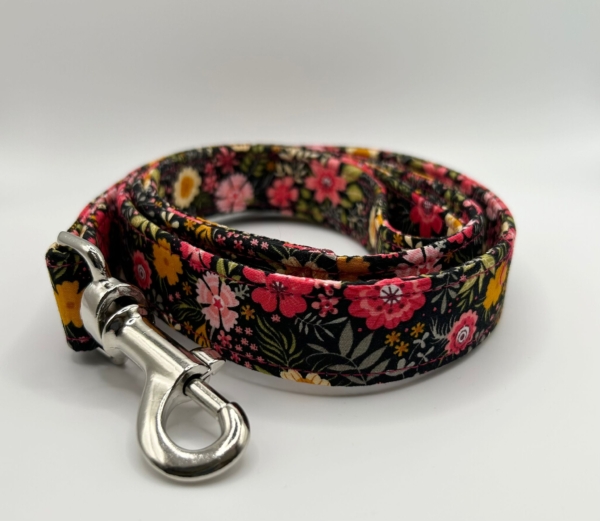 Pink And Yellow Flowers On Black Dog Lead