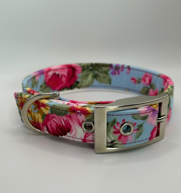 Pink Flowers On Blue Dog Collar