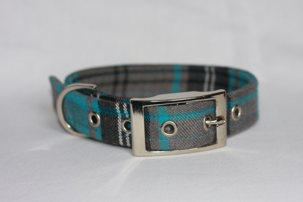 Turquoise And Grey Tartan Dog Collar