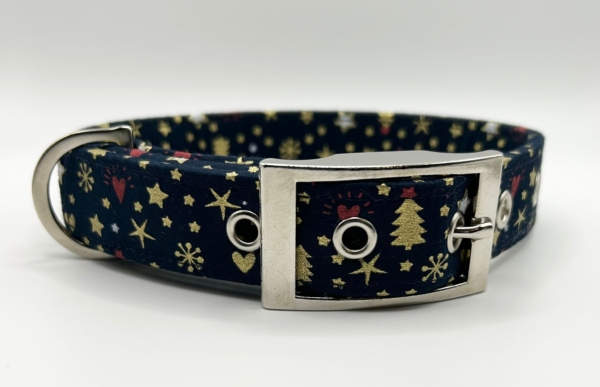 Blue With Gold Trees Red Hearts Dog Collar