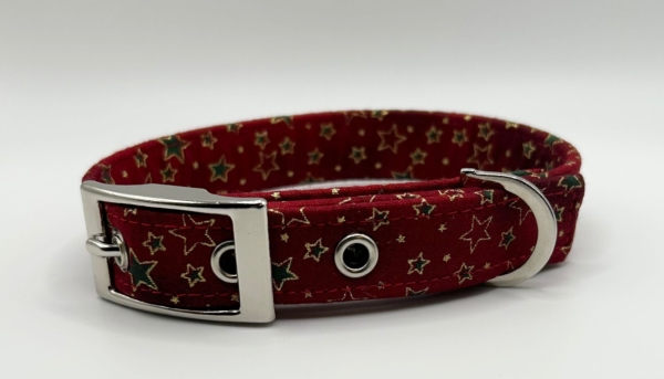 Dark Red With Gold And Green Stars Dog Collar